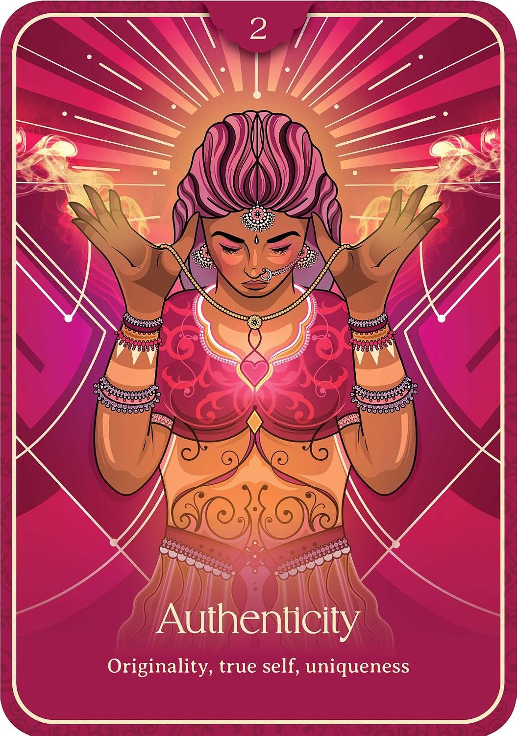 A stylized tarot-style card titled 'Authenticity' with the subtitle 'Originality, true self, uniqueness.' The central figure has pink hair, closed eyes, and raised hands, wearing ornate pink and gold clothing against a radiant pink and magenta background with geometric line details.