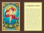 Decorative introduction page for a tarot deck with a colorful illustration of a woman with red hair and text.