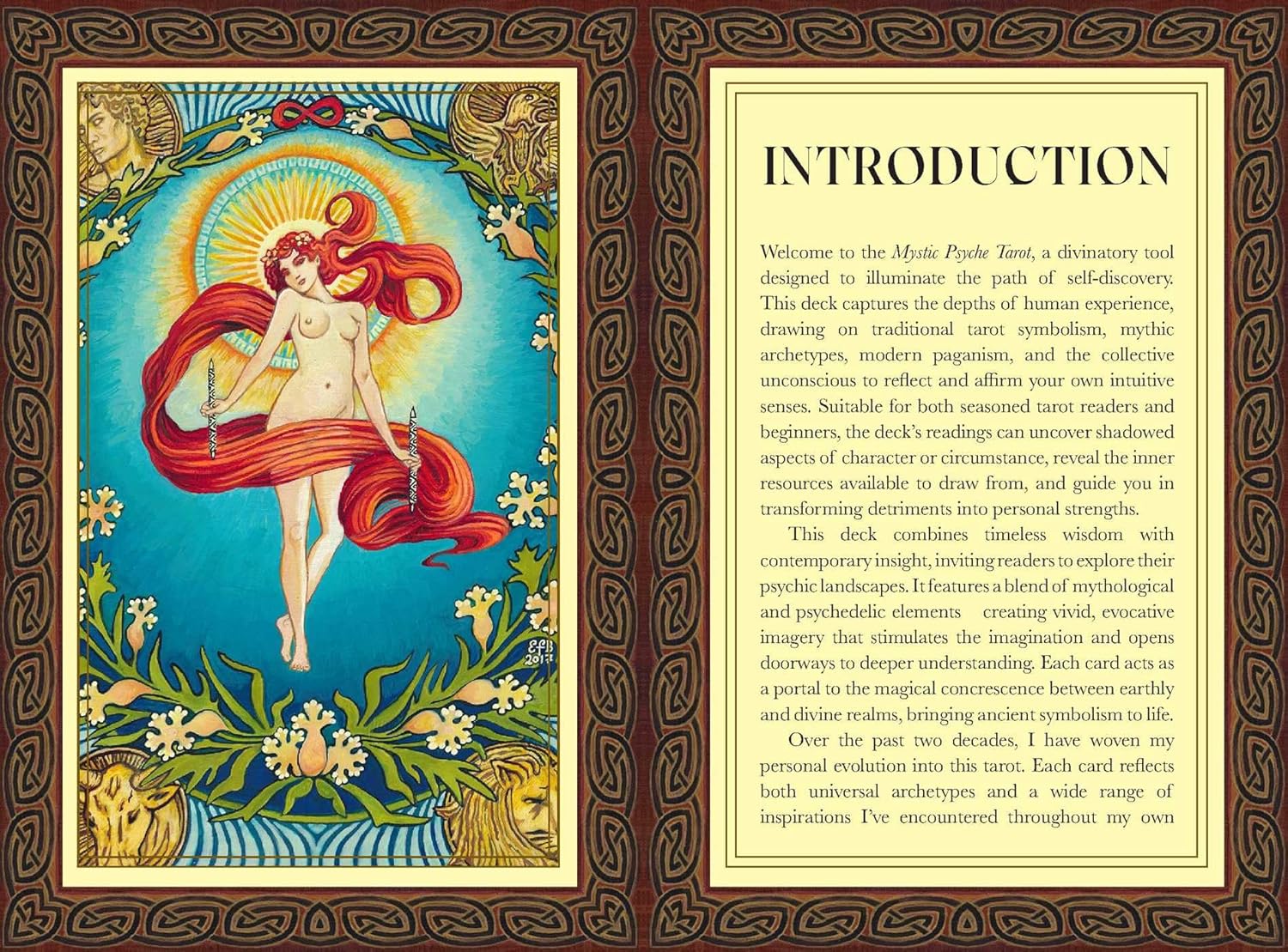 Decorative introduction page for a tarot deck with a colorful illustration of a woman with red hair and text.