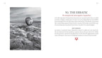 Black and white illustration of a erratic boulder on a landscape with text about the card 'The Erratic'.