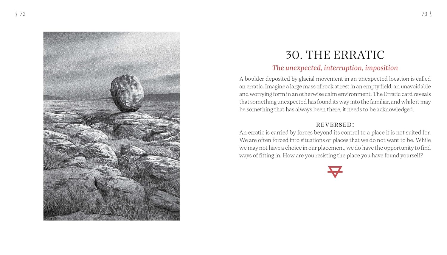 Black and white illustration of a erratic boulder on a landscape with text about the card 'The Erratic'.