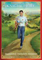 Book cover of 'Knight of Fire' with a person holding a sword and shield in a scenic landscape.