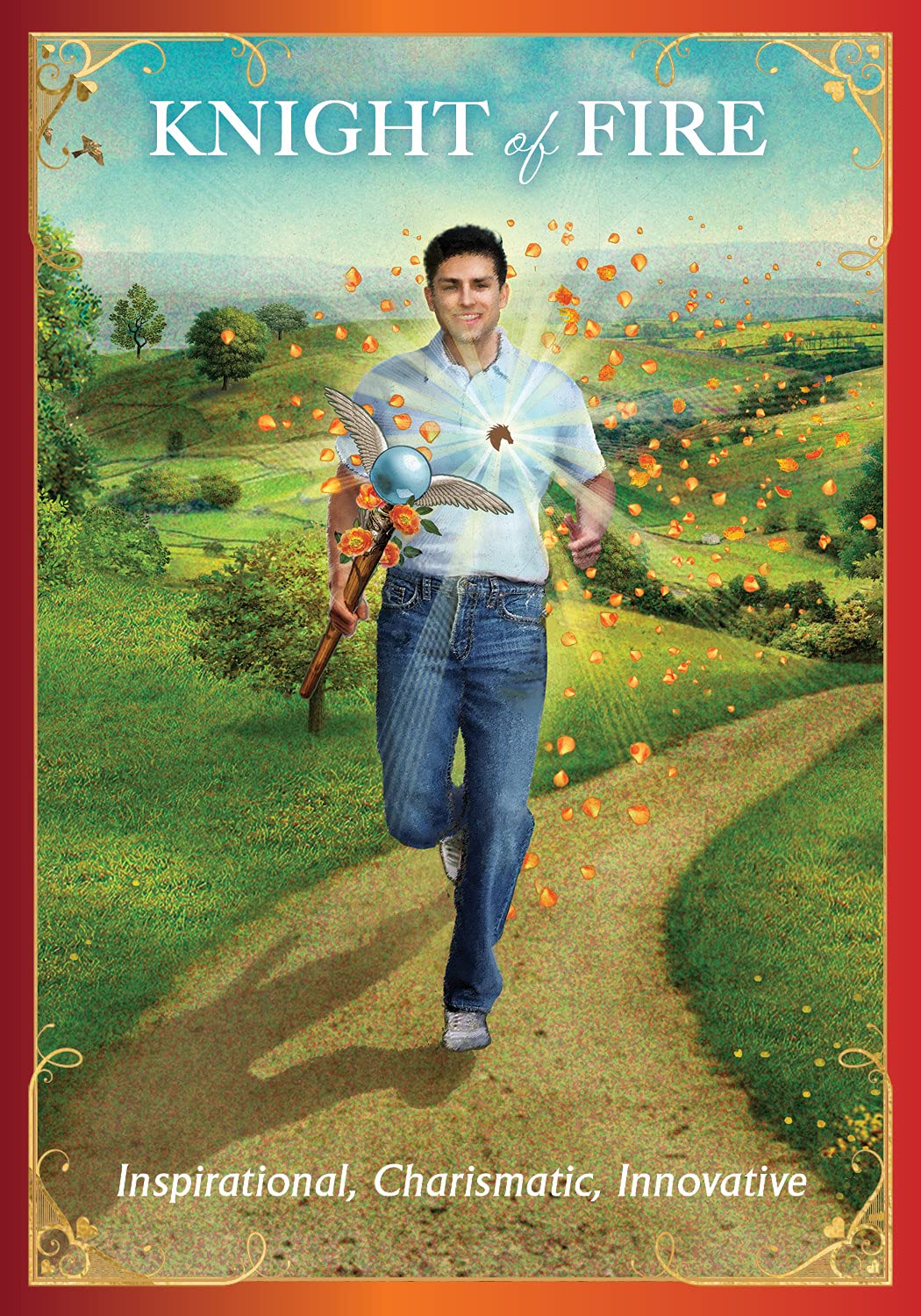 Book cover of 'Knight of Fire' with a person holding a sword and shield in a scenic landscape.