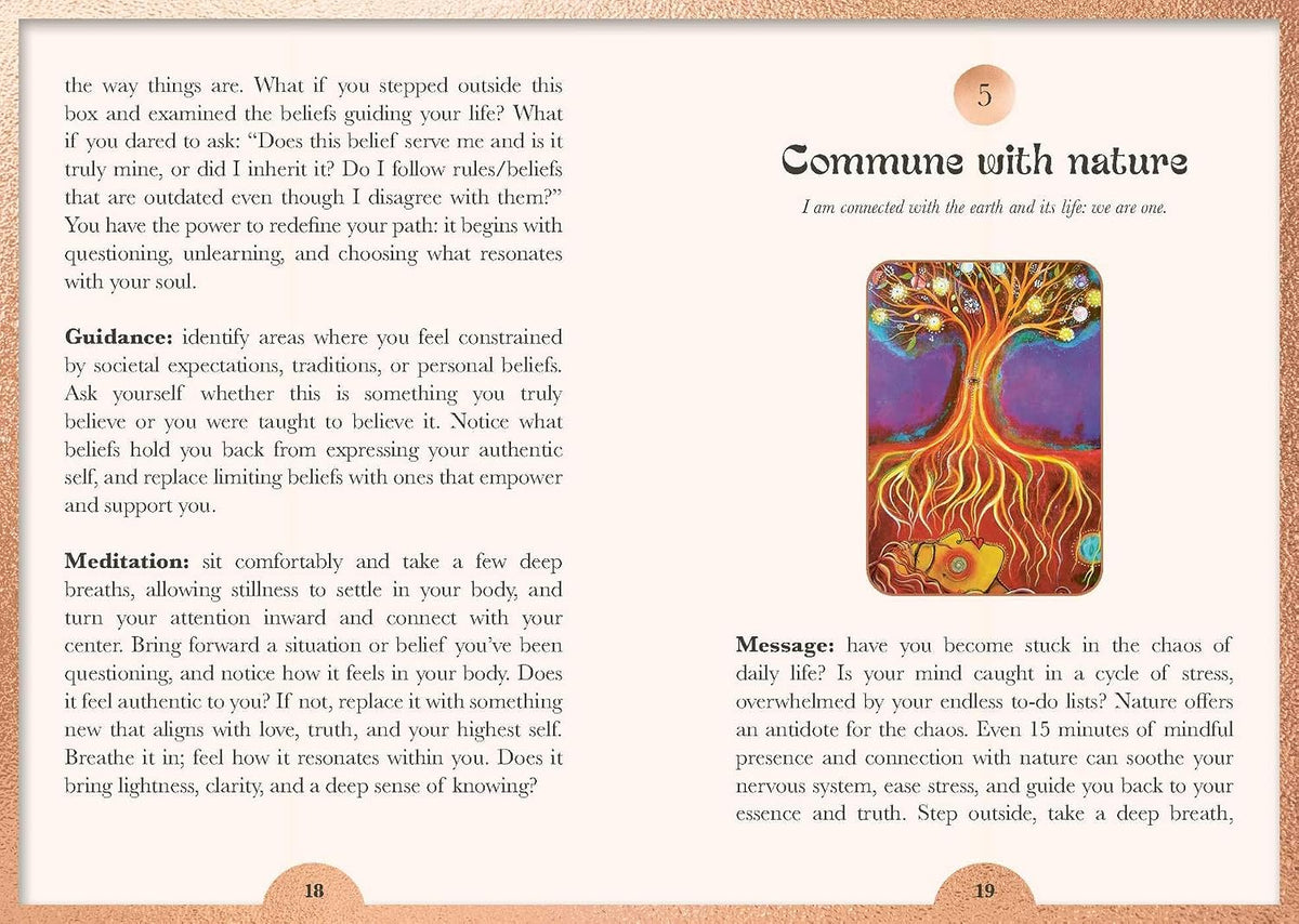Book page with text and a colorful illustration of a tree on nature-themed background