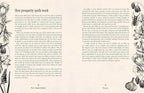 An open book spread showing printed text titled 'How prosperity spells work' with two columns of body text and black-and-white line drawings of money, coins, and illustrated figures on both pages.