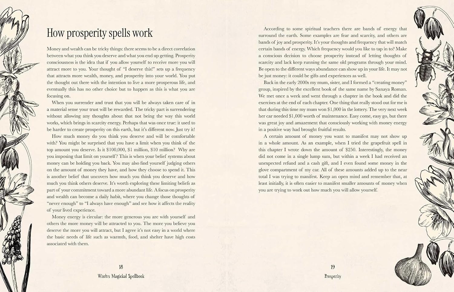 An open book spread showing printed text titled 'How prosperity spells work' with two columns of body text and black-and-white line drawings of money, coins, and illustrated figures on both pages.