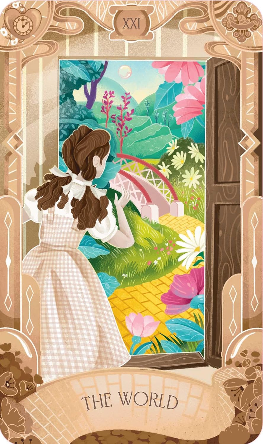 Card from a tarot deck titled 'The World' with a woman in a checkered dress and a colorful landscape.