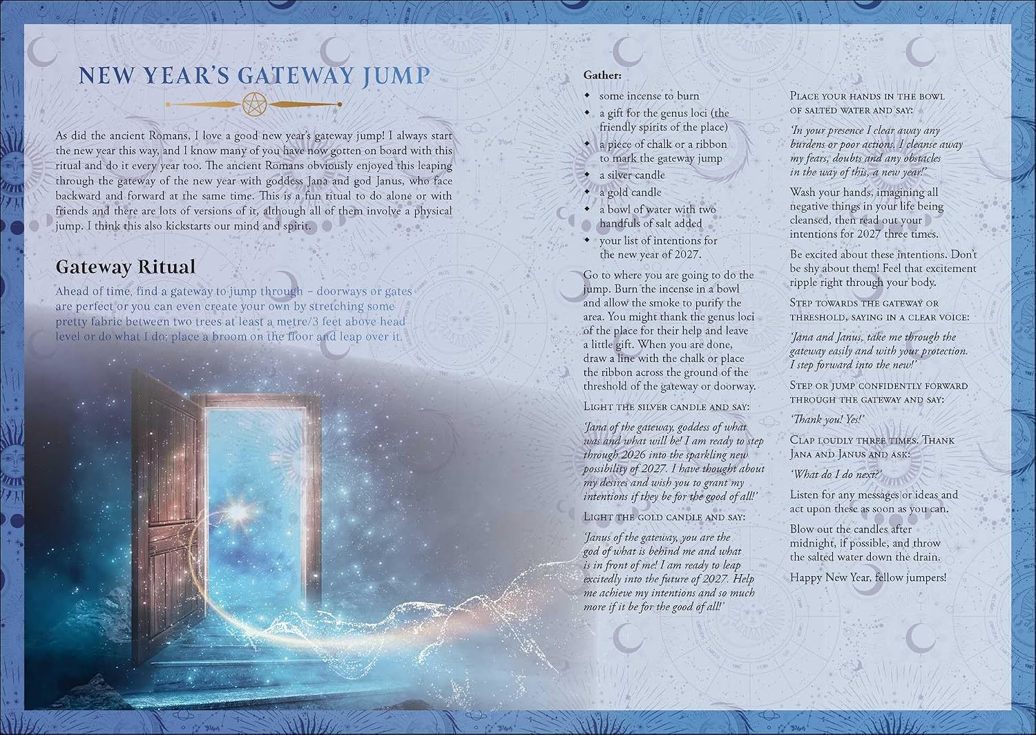 A square printed card or booklet page titled 'New Year's Gateway Jump' with columns of text, a small illustration of a person jumping into water, and decorative icy blue and white borders.