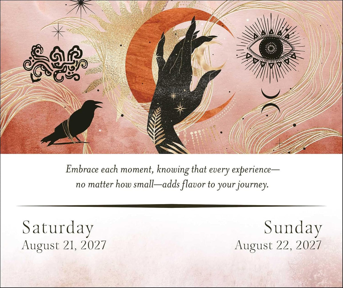 A square art print or card design with a pink and peach upper section featuring a black silhouette of a hand, a crow, a crescent moon, an eye motif, and decorative line art. The lower section is white with the text, 'Embrace each moment, knowing that every experience—no matter how small—adds flavor to your journey.
