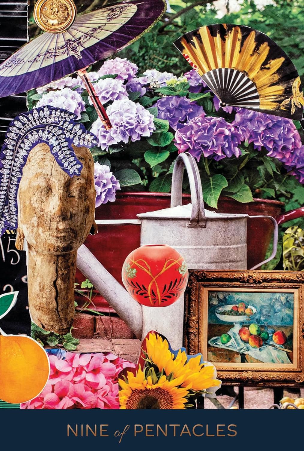 Collage of decorative items including a wooden sculpture, flowers, and a painting with 'Nine of Pentacles' text.
