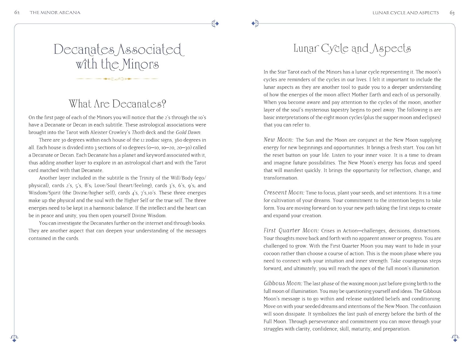 Book page with text on Decanates and Lunar Cycle and Aspects in astrology