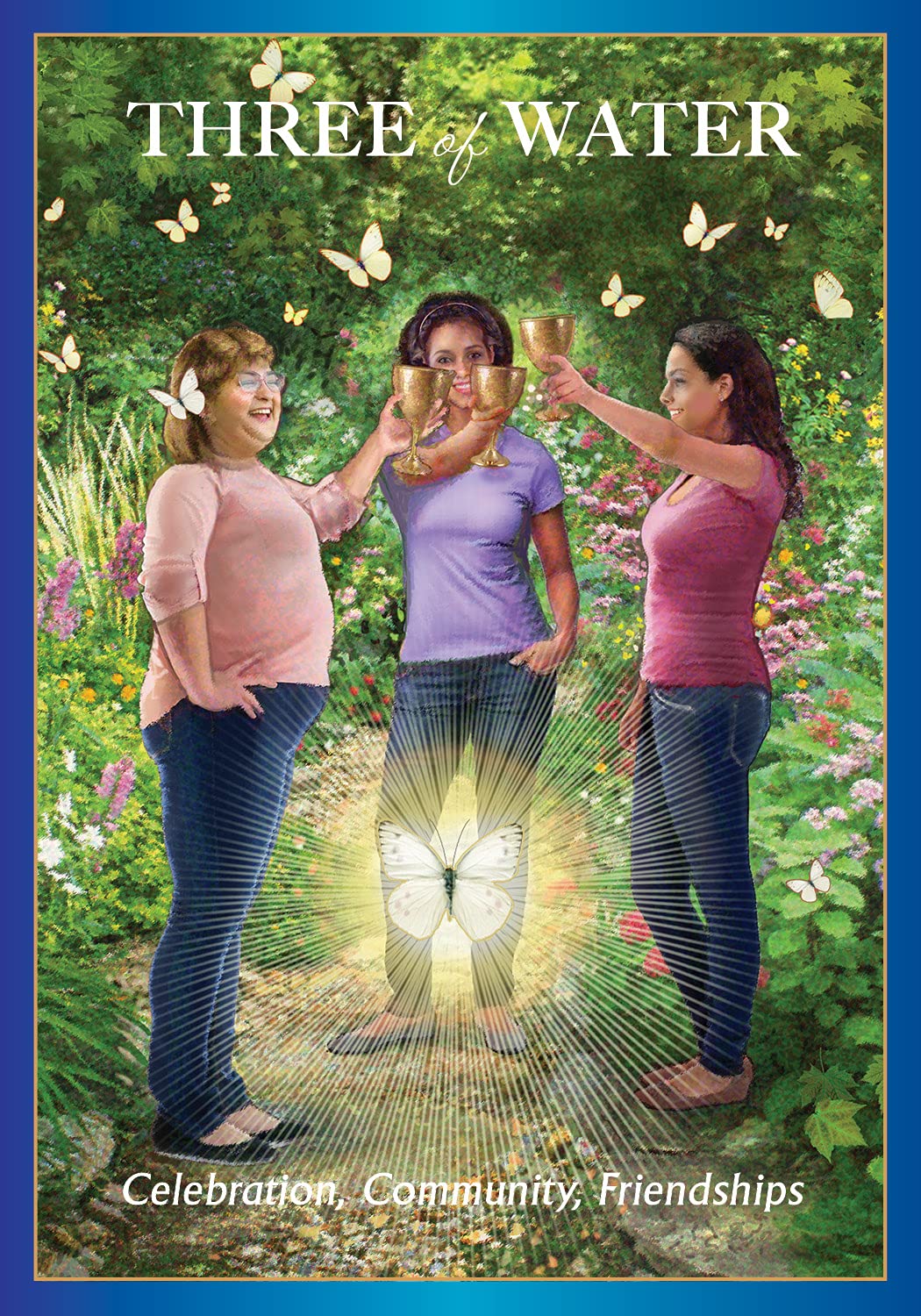 Three women in a garden with butterflies, holding cups, and a glowing circle around them. Book titled 'Three of Water' with text 'Celebration, Community, Friendships'.