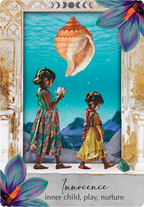 Illustration of two children holding flowers with a large shell above them, set against a mountainous landscape.