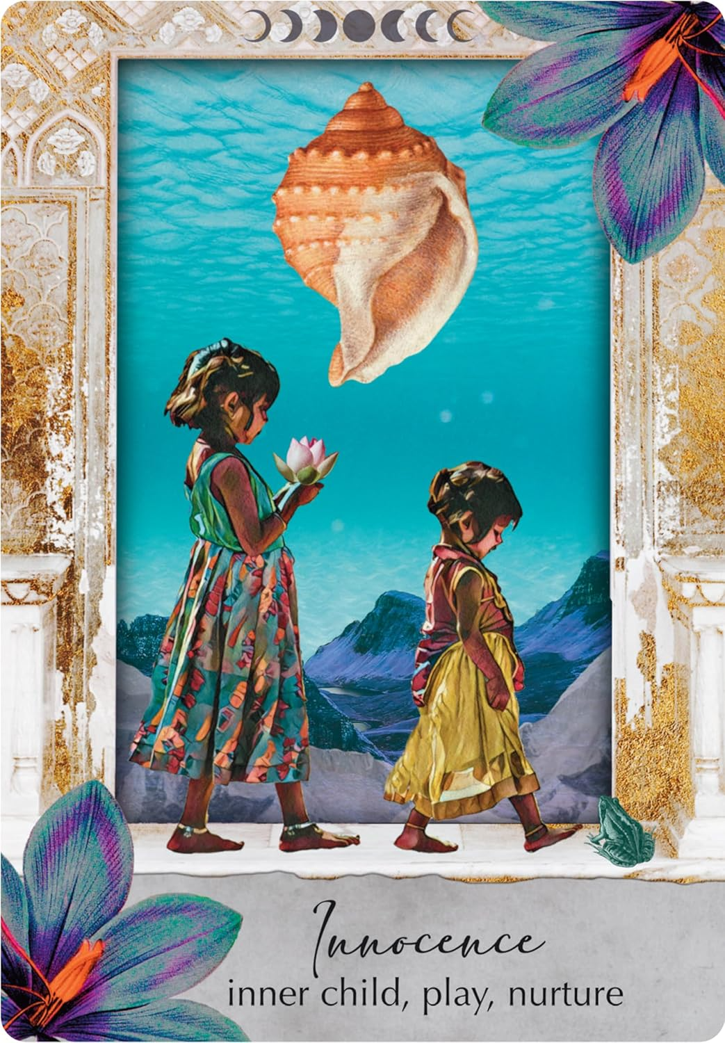 Illustration of two children holding flowers with a large shell above them, set against a mountainous landscape.