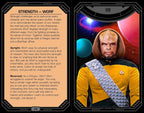 Card featuring a character in a Star Trek uniform with descriptive text on the left.