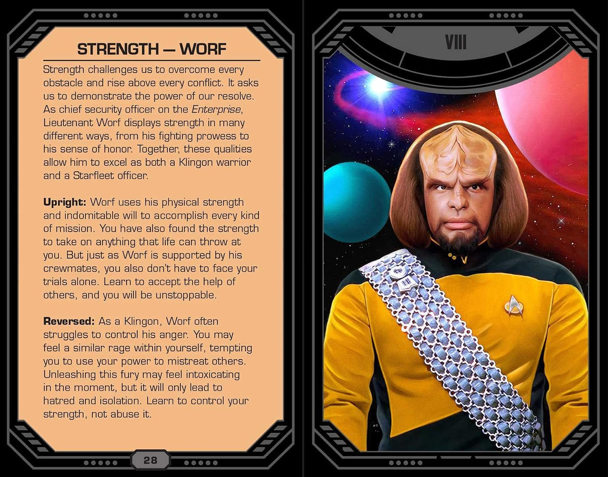 Card featuring a character in a Star Trek uniform with descriptive text on the left.