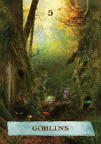 Fantasy forest scene with goblins and glowing elements, labeled 'Goblins'.
