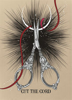 Decorative scissors with a red cord and 'Cut the Cord' text on a beige background