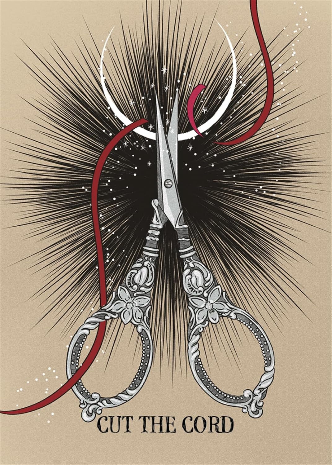 Decorative scissors with a red cord and 'Cut the Cord' text on a beige background