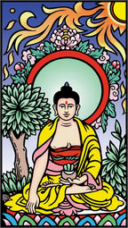 Colorful illustration of a seated Buddha figure with floral and nature elements.