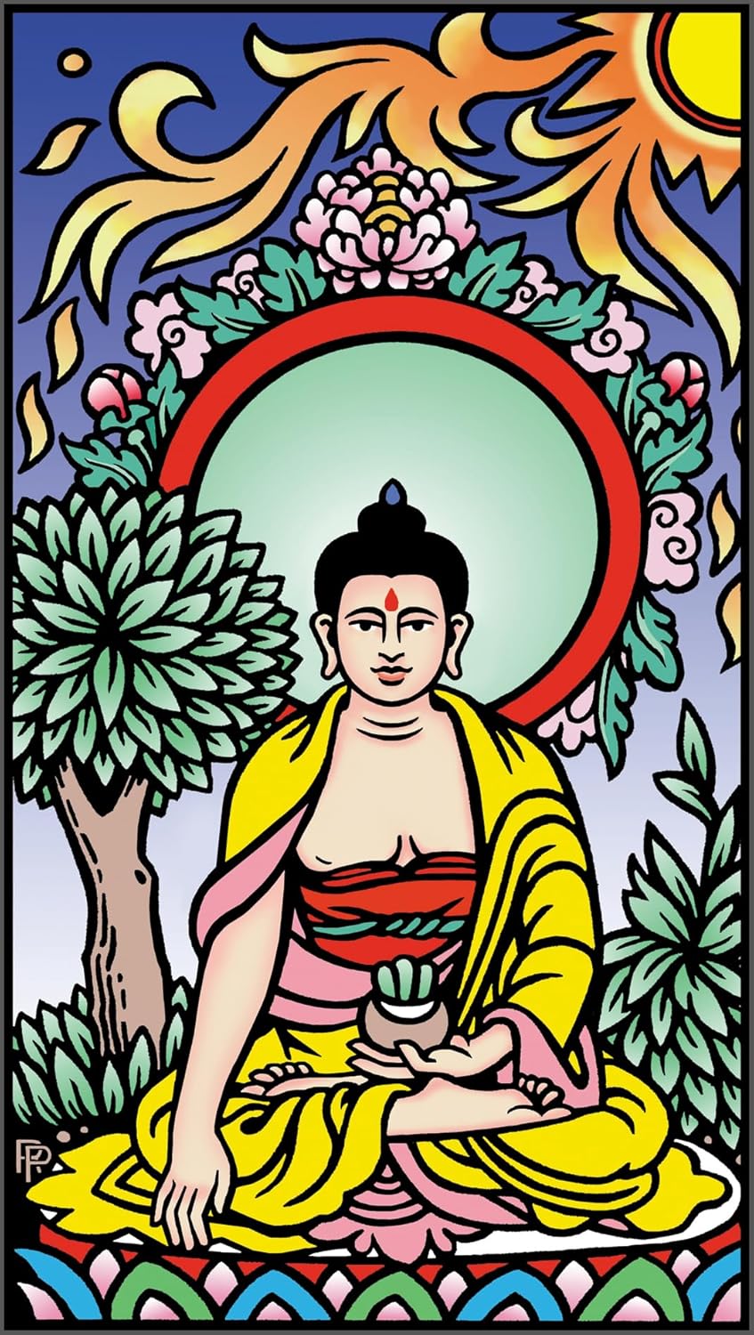 Colorful illustration of a seated Buddha figure with floral and nature elements.