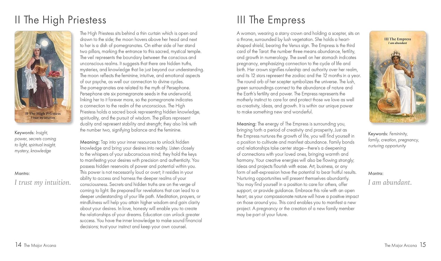 Two tarot card illustrations with descriptions on a white background