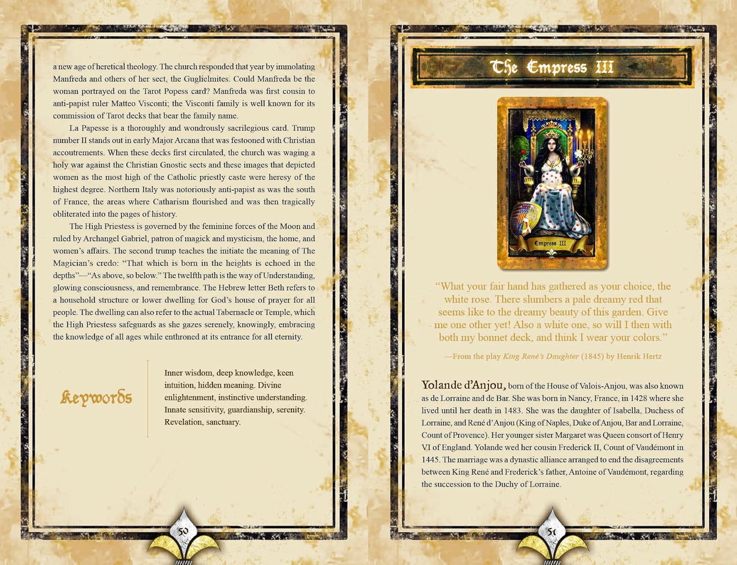 Magical book or spellbook with an illustration of 'The Empress III' and text on a beige background.