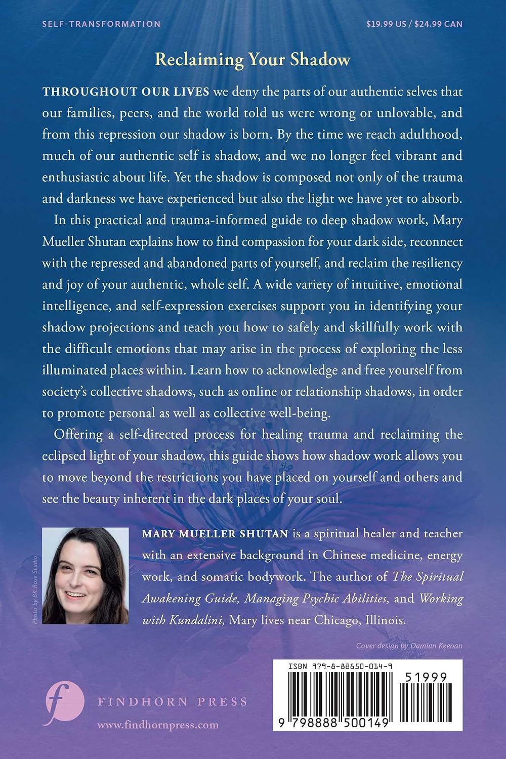 The back cover of the book 'Reclaiming Your Shadow' by Mary Mueller Shutan, published by Findhorn Press. The cover features a deep purple background with white text, a small author portrait, and a barcode at the bottom.