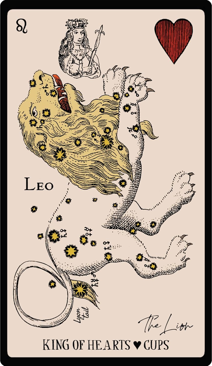 Card featuring a lion illustration with 'Leo' text and a heart symbol, styled like a playing card.