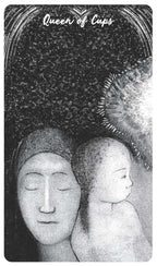 Card featuring 'Queen of Cups' with two faces and a star-like symbol on a textured background