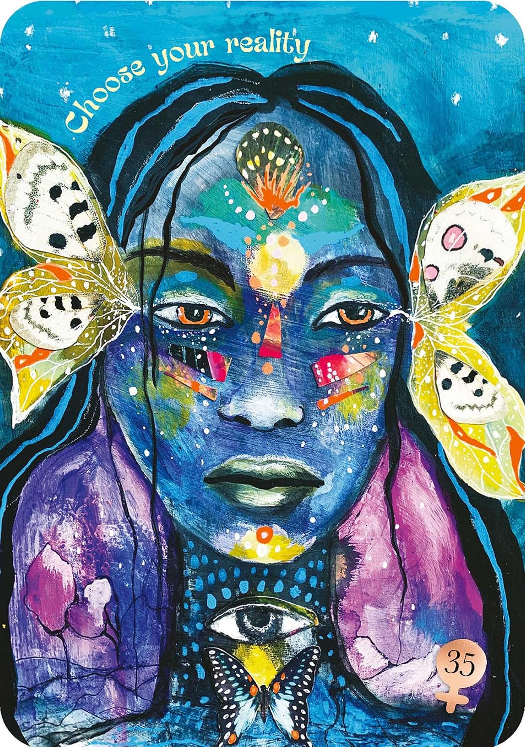 A colorful illustrated tarot card featuring a blue-faced figure with butterflies on both sides, purple shoulders, and the text 'Choose your reality' at the top. The card is filled with abstract painted details and includes a '35' in the lower right corner.