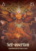 Artistic depiction of a figure with wings and intricate details, titled 'Self-assertion' on a dark background.