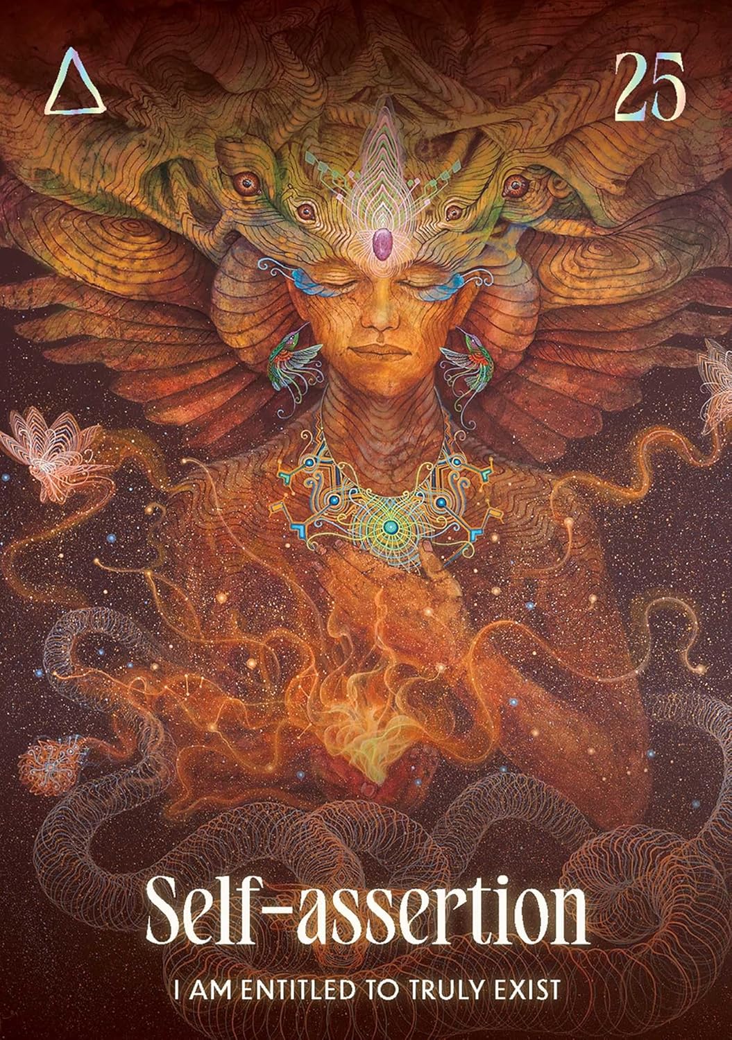 Artistic depiction of a figure with wings and intricate details, titled 'Self-assertion' on a dark background.
