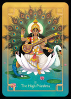 Tarot card featuring 'The High Priestess' with a divine figure, peacock, and swan on a gold and blue background.