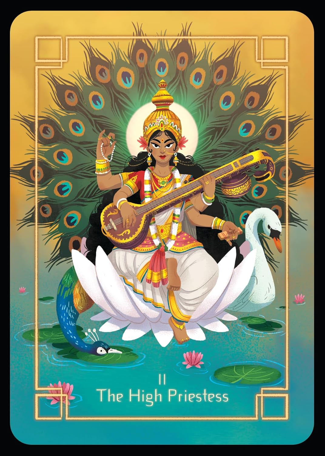 Tarot card featuring 'The High Priestess' with a divine figure, peacock, and swan on a gold and blue background.