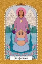 A stylized tarot card illustration labeled 'Temperance' at the bottom. The scene shows a winged figure in a purple robe standing over another seated figure in a light blue robe, with pink flowers, green trees, and a gold ornamental border around the card.