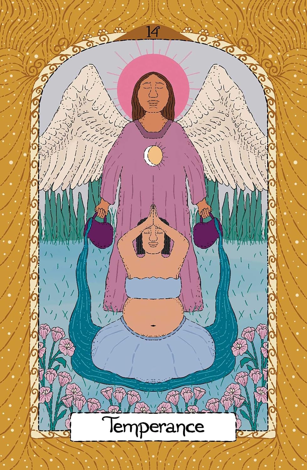 A stylized tarot card illustration labeled 'Temperance' at the bottom. The scene shows a winged figure in a purple robe standing over another seated figure in a light blue robe, with pink flowers, green trees, and a gold ornamental border around the card.