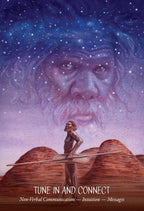 Artistic depiction of a person standing on a desert landscape with a celestial face above, featuring text about non-verbal communication and intuition.