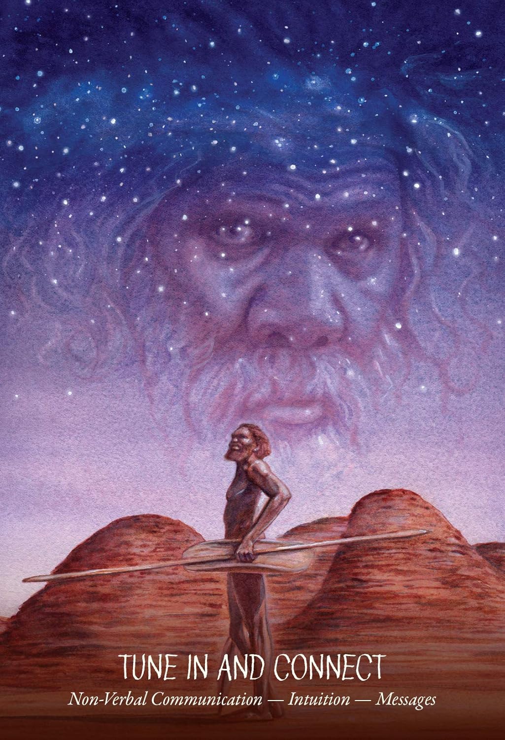 Artistic depiction of a person standing on a desert landscape with a celestial face above, featuring text about non-verbal communication and intuition.