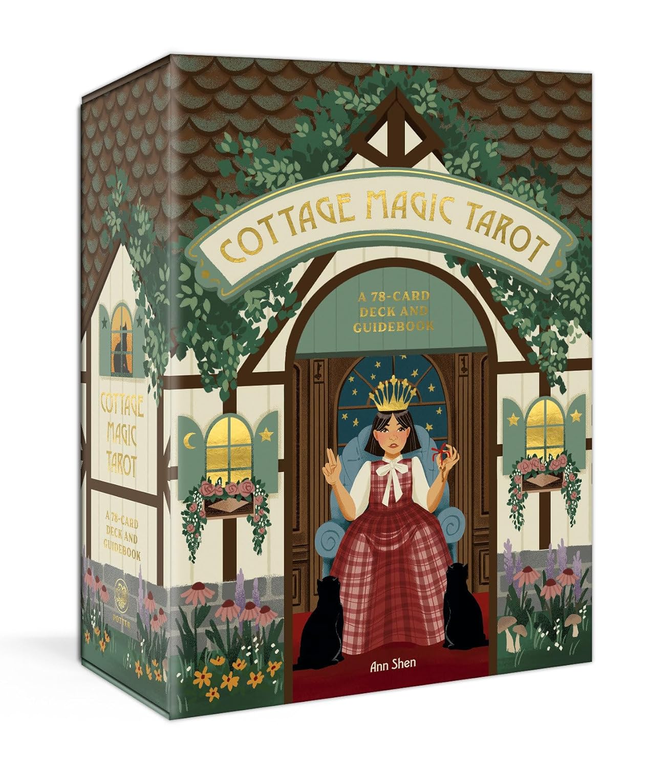 Cottage Magic Tarot box with illustration of a woman in a chair and decorative elements.