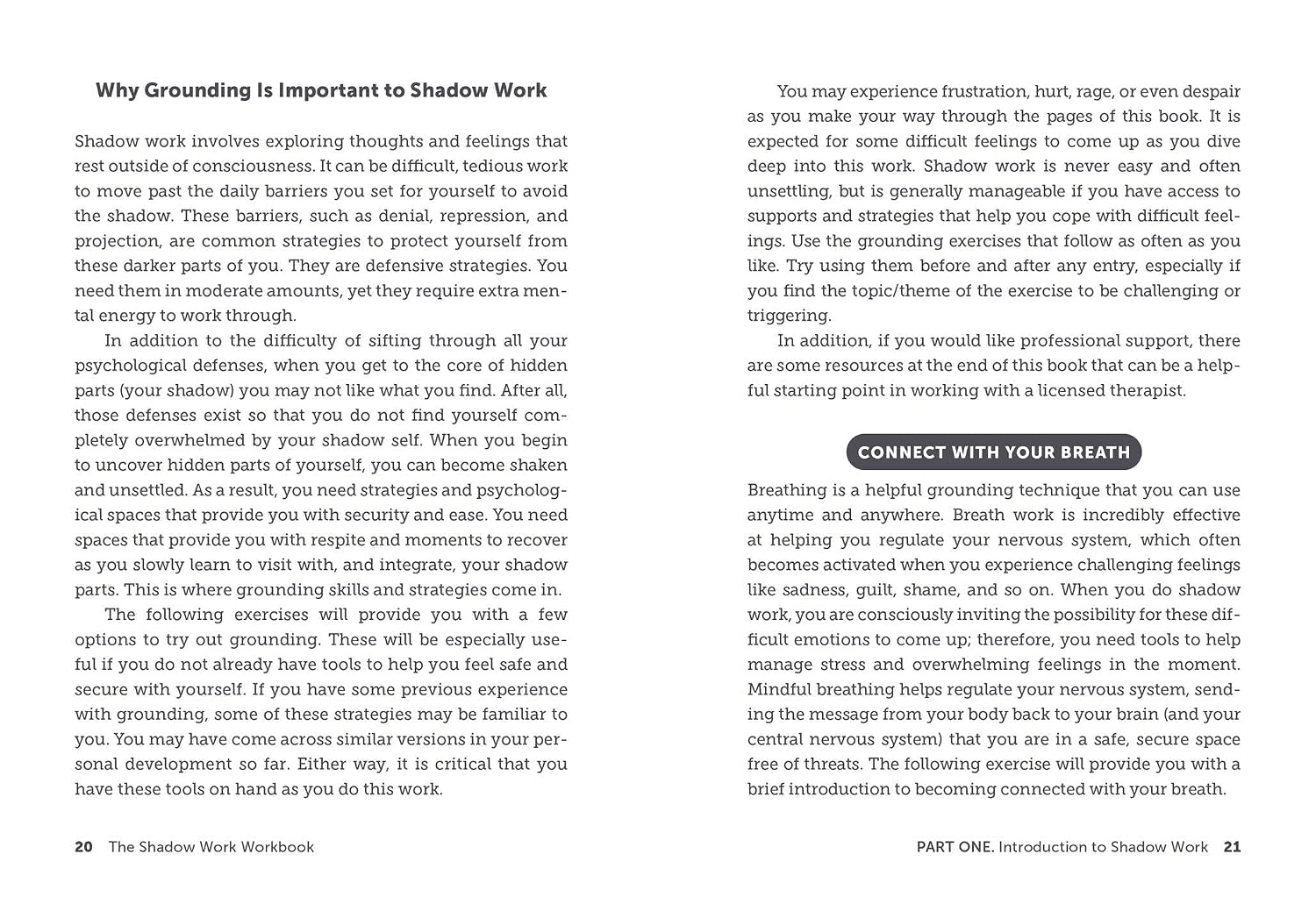 Page from 'The Shadow Work Workbook' explaining the importance of shadow work and breathing techniques.