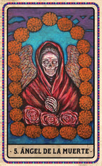 A colorful tarot-style art print titled '5. Ángel de la Muerte' showing a skeletal angel in a red cloak with wings, surrounded by orange marigolds and pink roses on a blue and purple background.