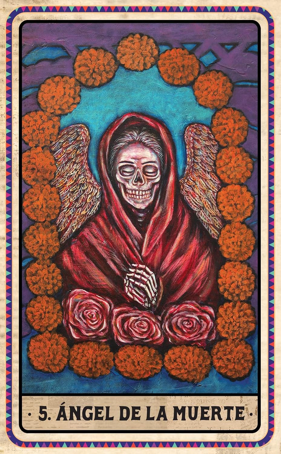 A colorful tarot-style art print titled '5. Ángel de la Muerte' showing a skeletal angel in a red cloak with wings, surrounded by orange marigolds and pink roses on a blue and purple background.