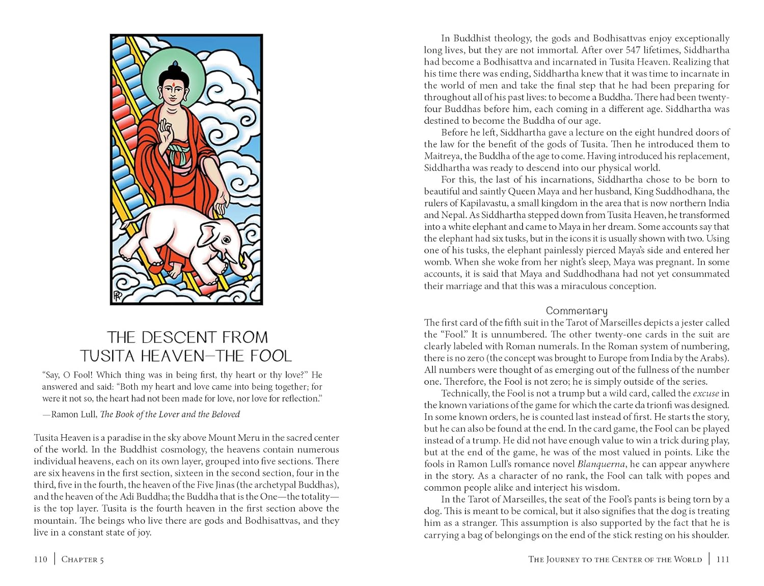 Page from a book with an illustration of a seated figure and an elephant, accompanied by text.