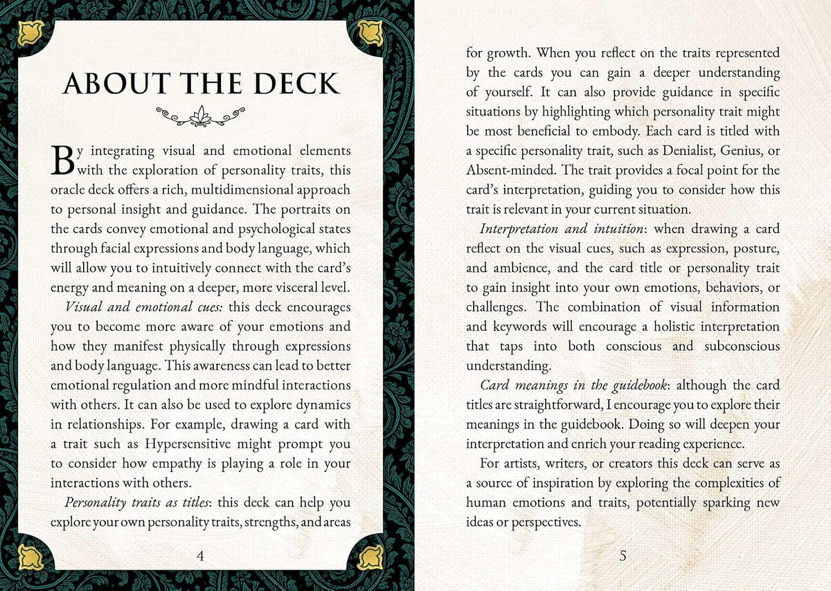 An open book spread showing a printed page titled 'ABOUT THE DECK' with two columns of black text on white paper and a decorative gold-bordered ornamental corner accent.