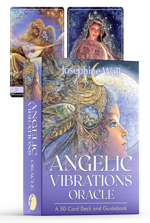 Angelic Vibrations Oracle card set with packaging featuring artistic illustrations of angelic figures.
