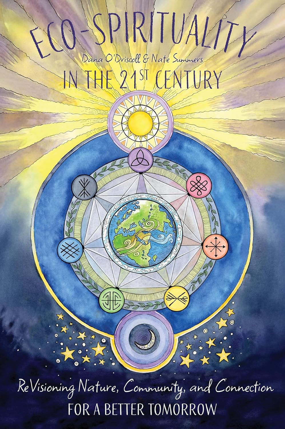 Book cover of 'Eco-Spirituality in the 21st Century' with a colorful design featuring symbols and a sun.