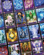 Collection of colorful tarot cards with various designs and symbols.