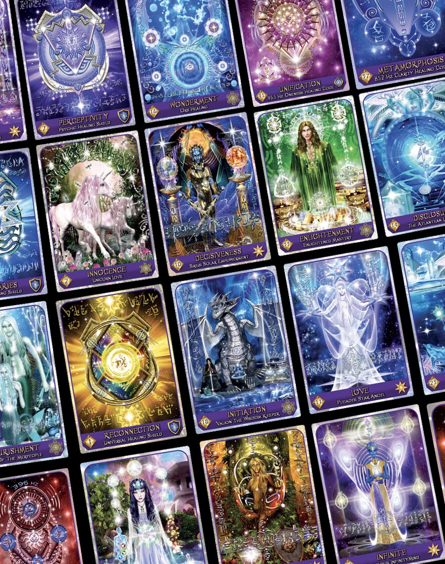 Collection of colorful tarot cards with various designs and symbols.
