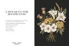 Floral arrangement with text on a black background